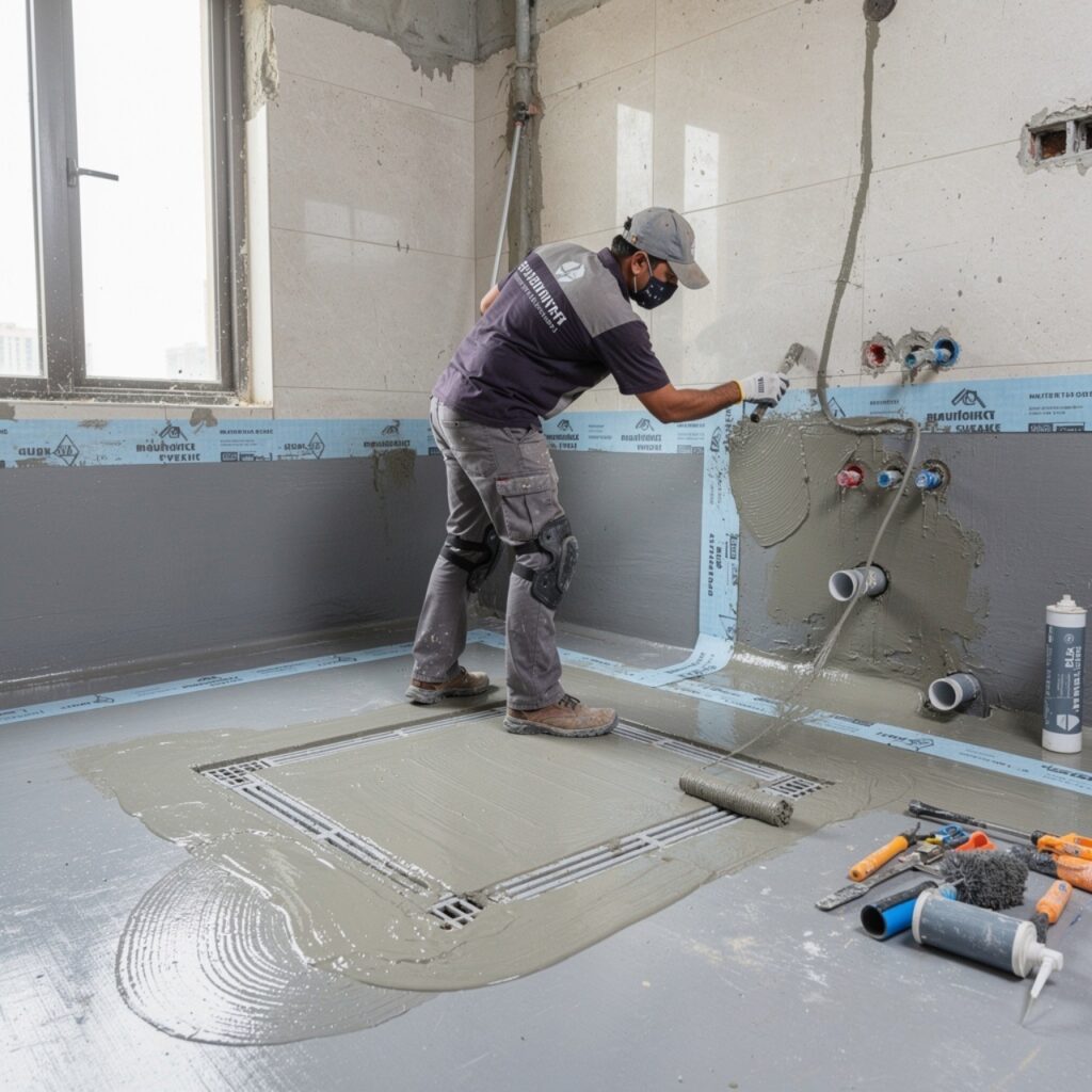 bathroom waterproofing ultra realistic 4k professional construction